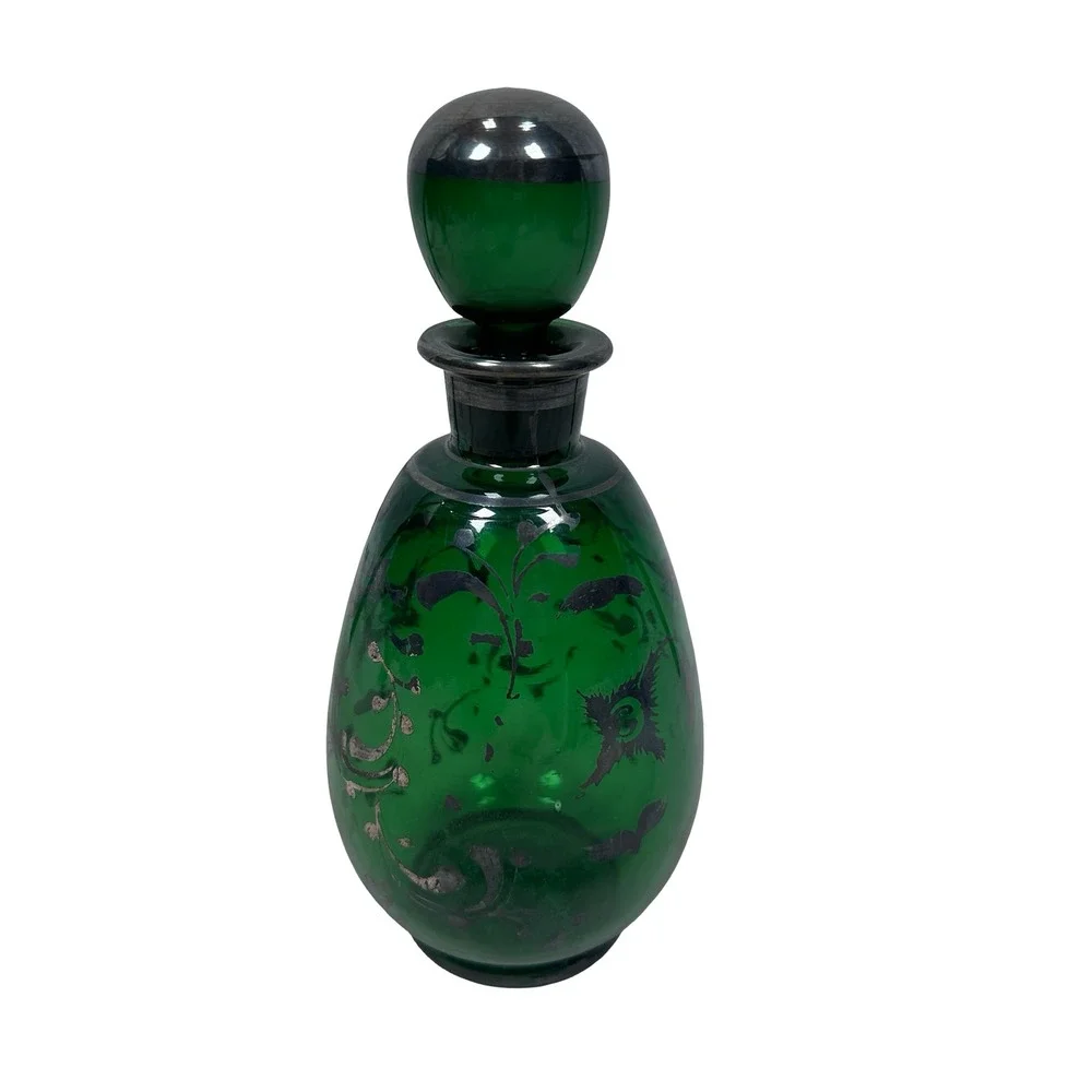 Vintage Empoli‎ Italian Emerald Green Glass Decanter Silver Overlay Floral MCM
